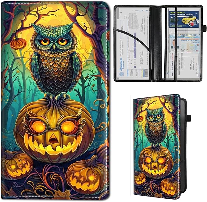 Qindaiwen Car Registration and Insurance Holder, Vehicle Card Document Elastic Band Closure Glove Box Organizer, Driver License Cards, Car Accessories for Essential Info, Owl Pumpkin