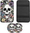 JANENFNA Car Armrest Cover Pads Universal Fashion Cute Auto Center Console Armrest Cover Pad with 2PCS Car Coasters Soft Waterproof Car Armrest Seat Protector for Women,Flower Bush Skull
