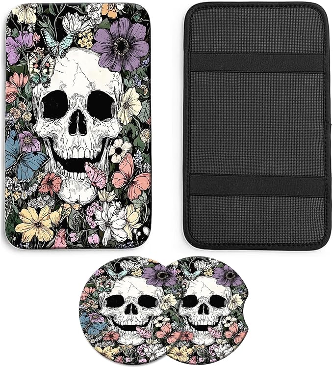 JANENFNA Car Armrest Cover Pads Universal Fashion Cute Auto Center Console Armrest Cover Pad with 2PCS Car Coasters Soft Waterproof Car Armrest Seat Protector for Women,Flower Bush Skull
