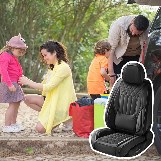 GEZHOUBA Car Seat Covers Front Seats Black, Luxury Leather Automotive Seat Covers with Lumbar Support, Waterproof Car Seat Protector Universal Fit for Most Cars Trucks Pick-ups SUVs