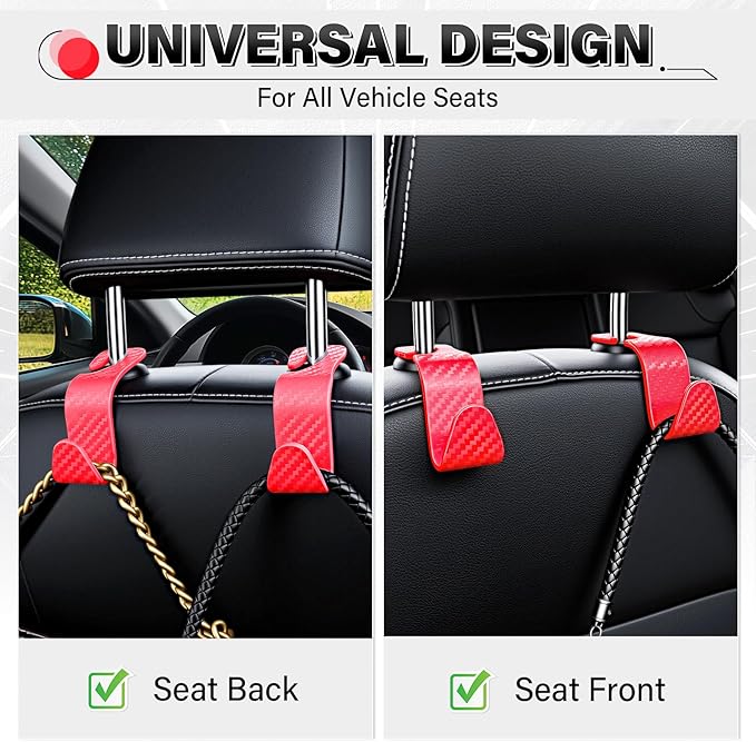 SINGARO Universal 2 Pack Car Seat Headrest Purse Hook, Carbon Fiber Back Seat Hook Storage Organizer Hanger for Purse Handbag Coat, Car Interior Accessories(Red)