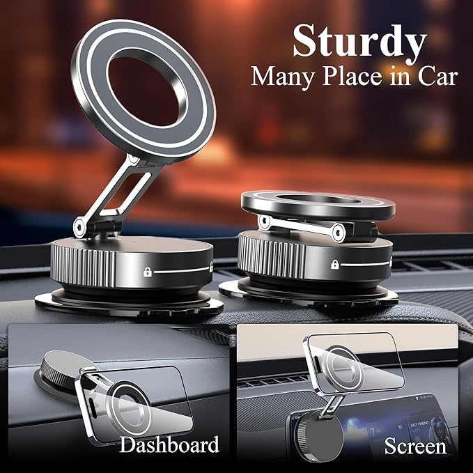 LnkXT Vacuum Magnetic Phone Holder for Car,Full Metal Body,Vacuum Suction Phone Mount,Magsafe Car Mount for iPhone, Folding Holder for iPhone and Android (White)