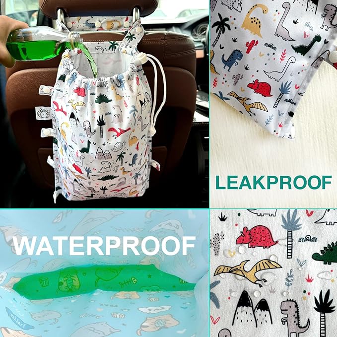 FLOCK THREE Leak-Proof Waterproof Car Trash Bag Foldable Multipurpose Trash bin Container Storage Cute Grocery Organizer Bag for Automotive Front or Back Seat in Cars SUVs and Trucks (Dino)