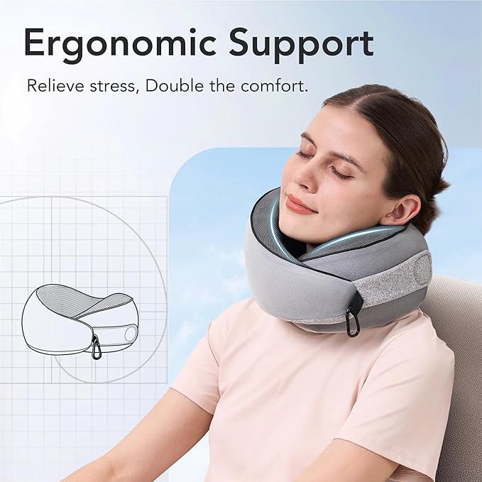 KPNEOL Travel Pillow, 100% Pure Memory Foam Travel Neck Pillow Airplane Neck Support Ergonomic Design for Traveling Suitable for Airplanes,Offices and Cars-Gray