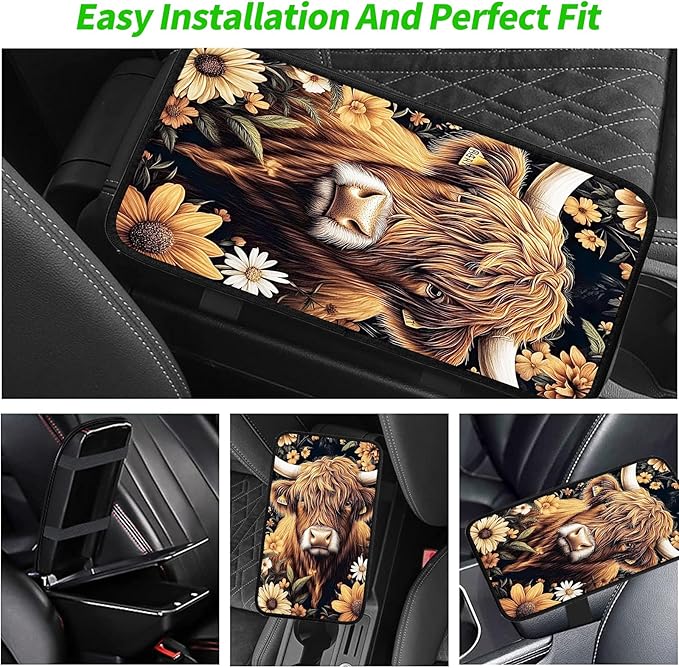 JANENFNA Car Armrest Cover Pads Universal Fashion Cute Auto Center Console Armrest Cover Pad with 2PCS Car Coasters Soft Waterproof Car Armrest Seat Protector for Women,Highland Cow with Flowera