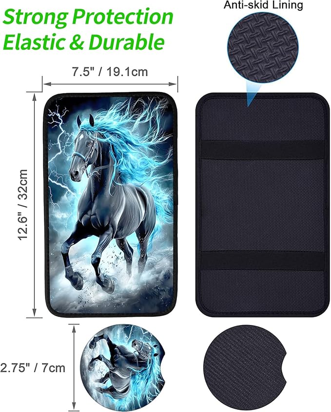JANENFNA Car Armrest Cover Pads Universal Fashion Cute Auto Center Console Armrest Cover Pad with 2PCS Car Coasters Soft Waterproof Car Armrest Seat Protector for Women,Lightning Mane Horse