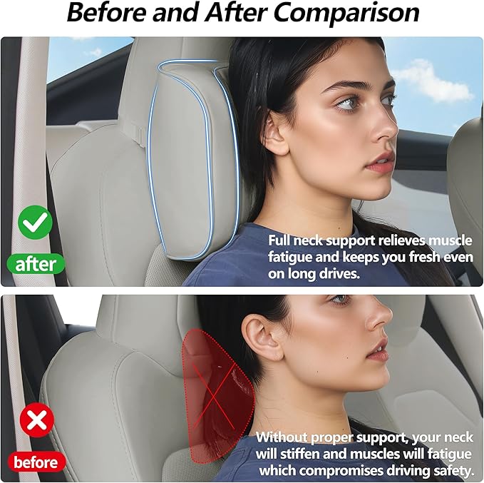 Dapucarin Car Headrest Pillow U-Shaped, Memory Foam Head Neck Support Cushion for Driving, Leather Head Rest Travel Pillows for Sleeping, Breathable Removable Cover, Gray, 2 Pack