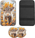 JANENFNA Car Armrest Cover Pads Universal Fashion Cute Auto Center Console Armrest Cover Pad with 2PCS Car Coasters Soft Waterproof Car Armrest Seat Protector for Women,Cow with Yellow Flowers