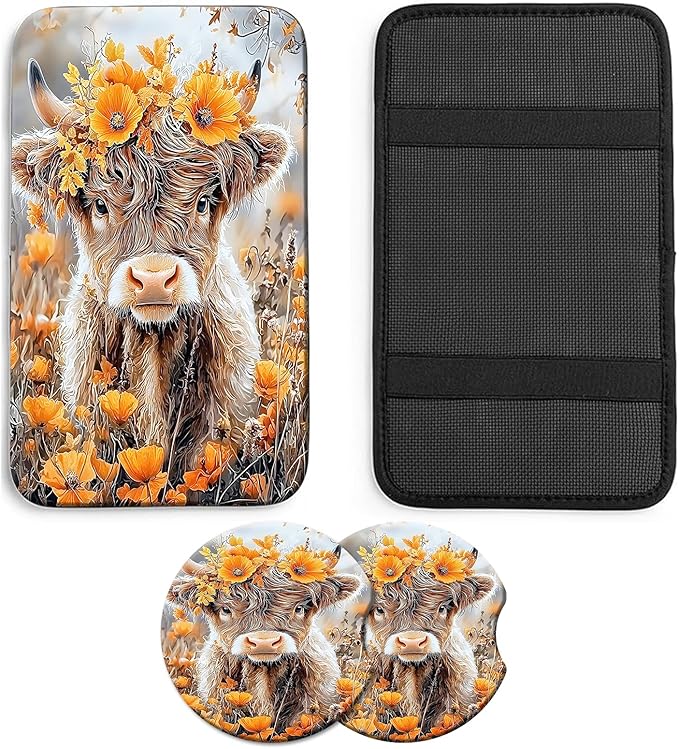 JANENFNA Car Armrest Cover Pads Universal Fashion Cute Auto Center Console Armrest Cover Pad with 2PCS Car Coasters Soft Waterproof Car Armrest Seat Protector for Women,Cow with Yellow Flowers