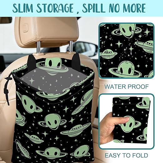 KXWQTRDD Car Trash Bag Abstract Green Aliens and UFO Leak-Proof Car Garbage Bag with Drawstring Foldable Canvas Trash Bin with Adjustable Buckle for Car Accessories