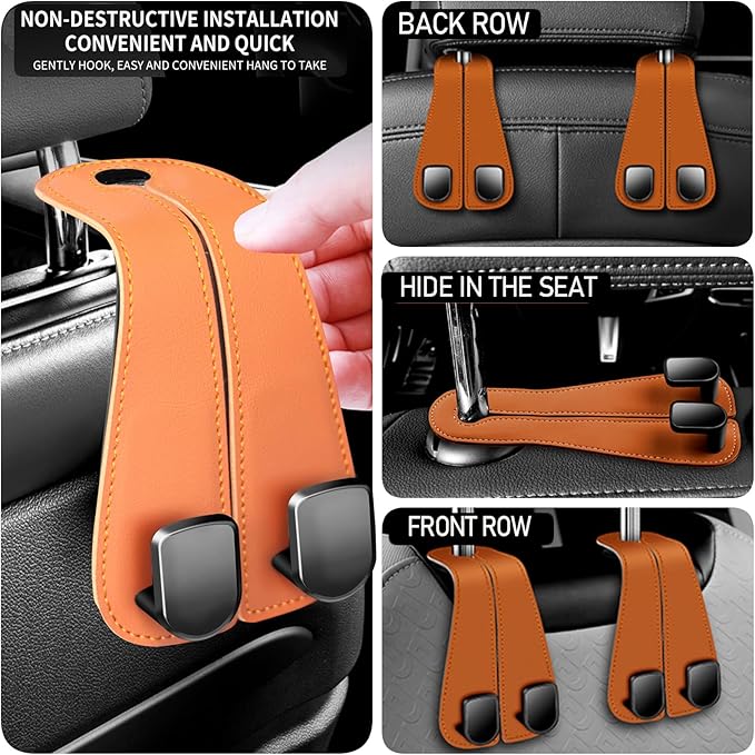 2 Packs Car Seat Hooks, Leather Car Headrest Hook, Car Purse Hook Seat Back Hanger Storage Organizer, Car Hook for Purses and Bags(Brown)