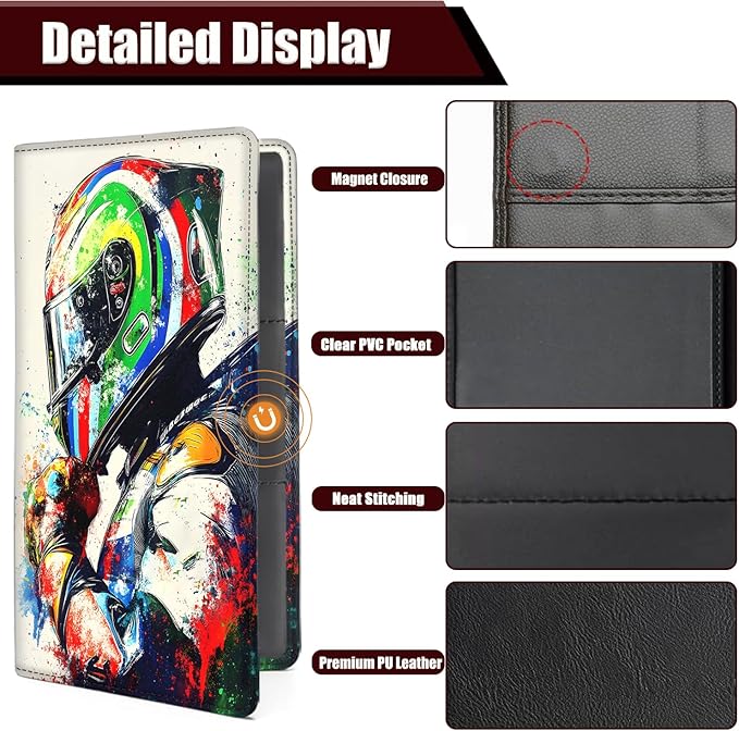 Car Document Holder with Magnetic Shut, Car Registration and Insurance Card Holder, Vehicle Glove Box Organizer Documents, Driver License, Auto Paperwork Organizer Wallet, Colorful Helmet Racing