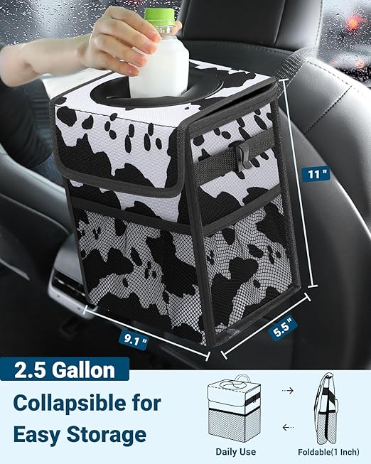 Capolo Car Trash Can with Lid, Leakproof Car Trash Bag Hanging Waterproof Automotive Garbage Can with Storage Pockets Mini Vehicle Trash Bin for Back/Front Seat(Cow Print,2.5 Gallon)