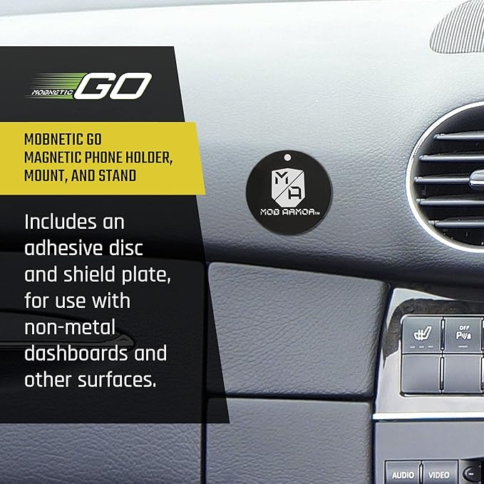 Mob Armor MobNetic Go Magnetic Phone Car Holder with Metal Plate - Strong Magnetic Base, Aircraft Grade Aluminum, Car Dashboard & Metal Surface Mount, Compatible with iPhone and Android Smartphones