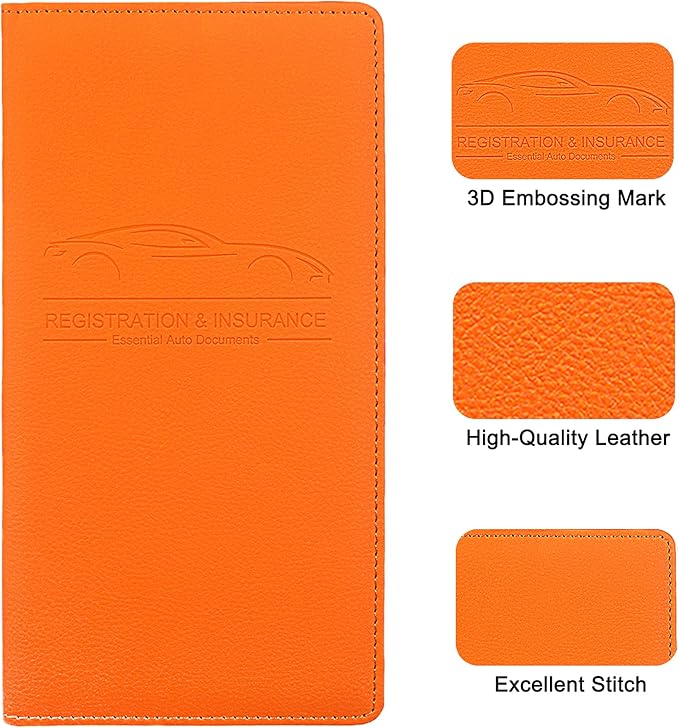 LumiMokki Premium Car Registration & Insurance Card Holder with Magnetic Shut, Vehicle Glove Box Car Organizer - For Documents, Cards, License (Orange)