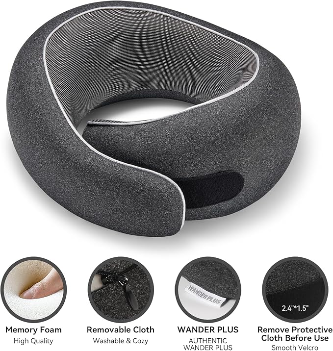 WANDER PLUS® Travel Pillow, 100% Pure Memory Foam Travel Neck Pillow Airplane Neck Support Ergonomic Design Best for Sleeping Plane Car Train Office Flight for Adults Sky Blue