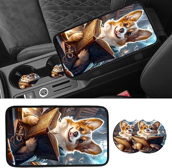 JANENFNA Car Armrest Cover Pads Universal Fashion Cute Auto Center Console Armrest Cover Pad with 2PCS Car Coasters Soft Waterproof Car Armrest Seat Protector for Women,Magical Book Puppy