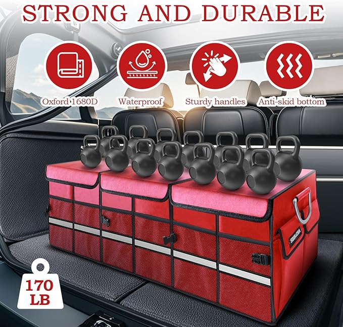 Heavy-Duty Extra Large 100L Premium Foldable Car Trunk Organizer with Lid + 26L Cooler Bag, Waterproof Robust Durable 1680D Oxford & Multi-Compartment Collapsible for SUV, Truck, Van, Sedan (Red)