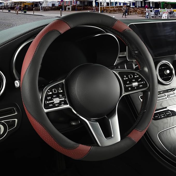 Binsheo Microfiber Leather Steering Wheel Cover, Breathable, Anti Slip, 13.5 inch to 14 inch, Black with Burgundy