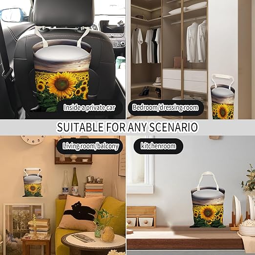AUEKLLW Car Trash Can, Hanging Garbage Bin for Men and Women, Cute Car Organizer and Storage Bag, Canvas Vehicle Trash Can Bag Easy-to-Install Luxuious Sunflowers