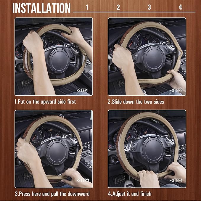 CAR PASS Wood Grain 14.5-15 inch Microfiber Leather Steering Wheel Cover, Anti-Slip Veins Design Steering Wheel Universal Fit for Most Cars, Sedans, SUVs, MiniVans, Small Trusks, Beige