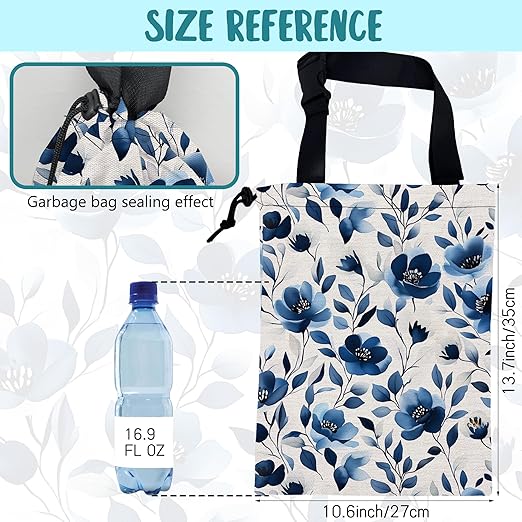 KXWQTRDD Car Trash Bag Watercolor Blue Flowers Leak-Proof Car Garbage Bag with Drawstring Foldable Canvas Trash Bin with Adjustable Buckle for Car Accessories