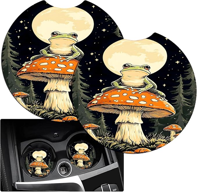 JANENFNA Car Armrest Cover Pads Universal Fashion Cute Auto Center Console Armrest Cover Pad with 2PCS Car Coasters Soft Waterproof Car Armrest Seat Protector for Women,Frog on Mushroom