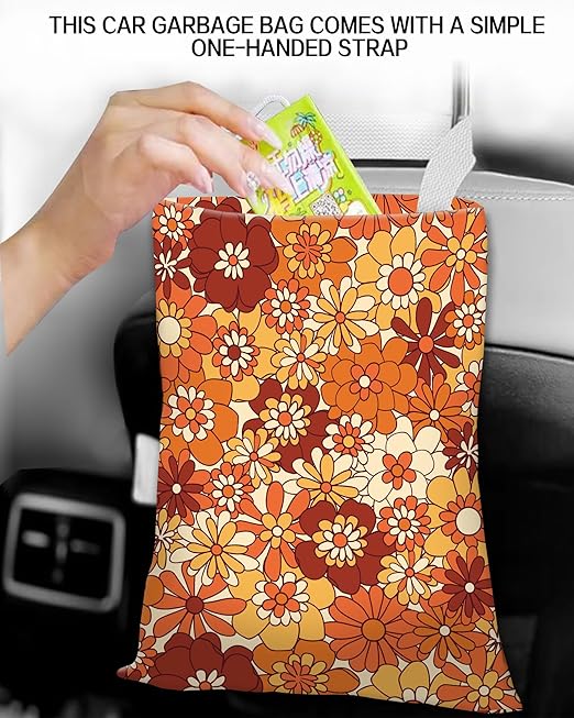 ANKVRP Car Trash Can, Durable Hanging Car Trash Garbage Bag, Cute Automotive Garbage Cans Organizer, Boho Orange Flowers