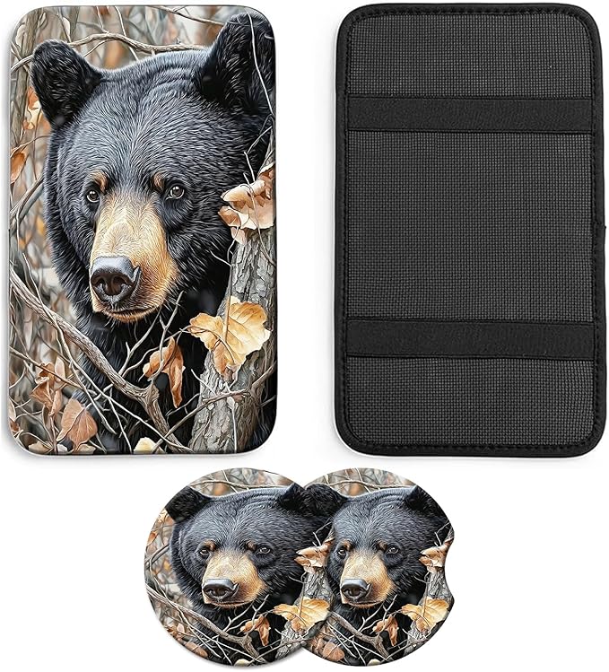 JANENFNA Car Armrest Cover Pads Universal Fashion Cute Auto Center Console Armrest Cover Pad with 2PCS Car Coasters Soft Waterproof Car Armrest Seat Protector for Women,Cute Black Bear