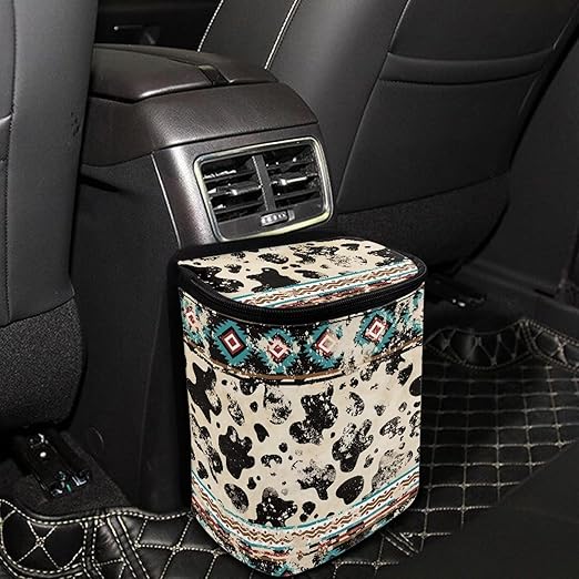 Southwest Aztec Cow Car Trash Bag Foldable Hanging Car Trash Bin Can with Lid Portable Washable Automotive Garbage Storage Bag for Back Seat