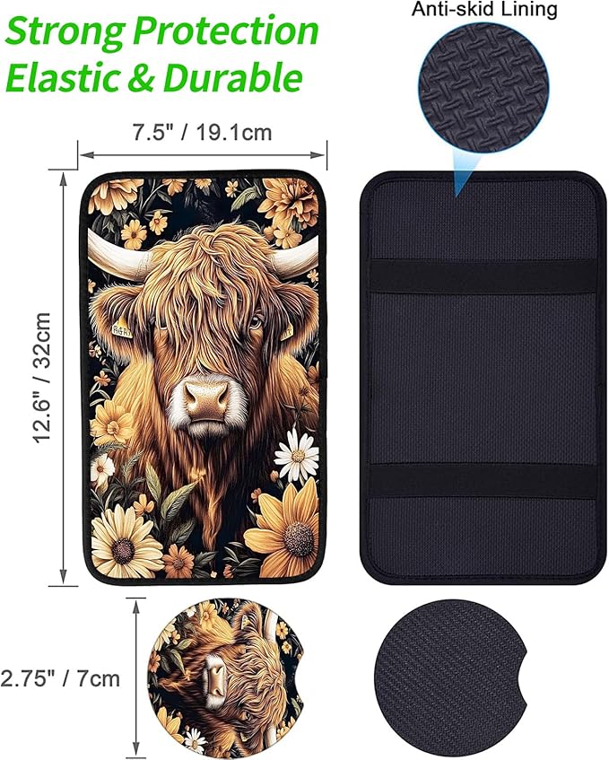 JANENFNA Car Armrest Cover Pads Universal Fashion Cute Auto Center Console Armrest Cover Pad with 2PCS Car Coasters Soft Waterproof Car Armrest Seat Protector for Women,Highland Cow with Flowera