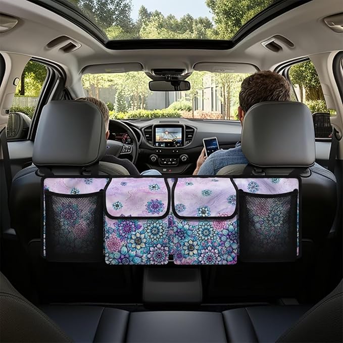 Car Trunk Organizer & Backseat Hanging Organizer with 2 Large Storage Bag & 2 Mesh Pockets,Trunk and Backseat Storage Bag for SUVs & RVs,37.01x11.81 inch,Purple Mandala Floral