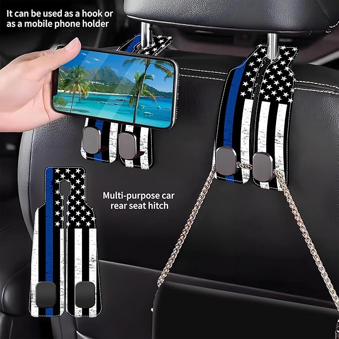 AEWNUNK Car Headrest Purse Hanger Grunge Blue and Black American Flag 1 Pack Bag Purse Holder for Car Premium Leather Double Metal Hook for Handbags, Grocery Bags and Phones