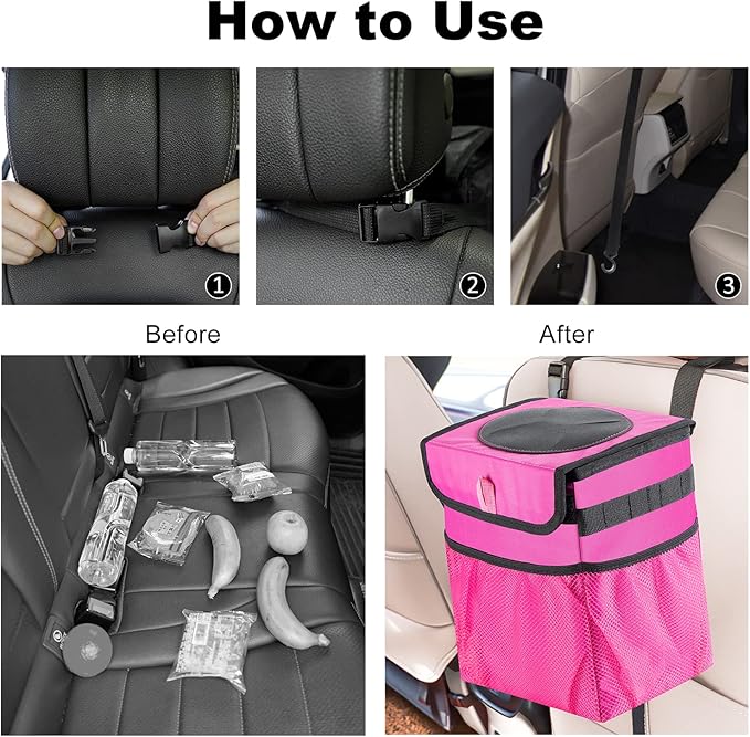 GPUSFAK Car Trash Can Foldable Garbage Bin Leakproof 2.3 Gallons Car Trash Bag Pink