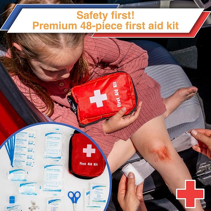 Car Emergency Kit with Air Compressor, Jumper Cables, First Aid, Tow Strap, Tire Gauge, Headlamp – Roadside Safety Kit for Women, Men, Teens