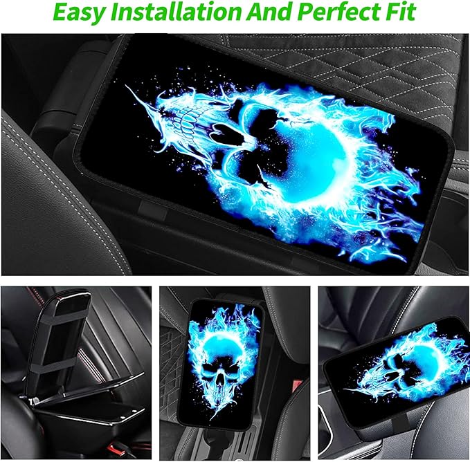 JANENFNA Car Armrest Cover Pads Universal Fashion Cute Auto Center Console Armrest Cover Pad with 2PCS Car Coasters Soft Waterproof Car Armrest Seat Protector for Women,Blue Flame Skull