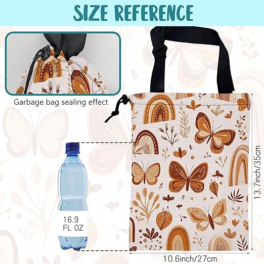 KXWQTRDD Car Garbage Bag Brown Butterflies and Leaves Drawstring Car Trash Bag Hanging for Back Seat with Adjustable Buckle Canvas Vehicle Trash Can Easy-to-Install