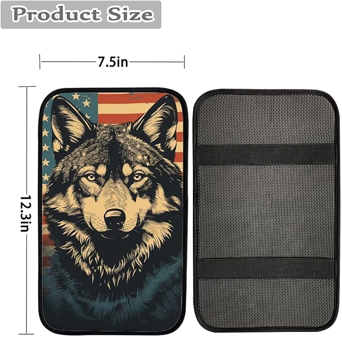 Car Center Console Pad, Universal Waterproof Car Armrest Seat Box Cover, Car Interior Accessories for Most Vehicle SUV Truck Vintage American Flag Wolf Car Armrest Pad