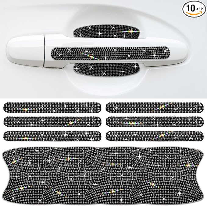 Gengki 10PCS Car Door Handle Bling Rhinestones Stickers Universal Auto Door Handle Scratch Cover Guard Protective Film Pad with Safety Reflective Strips