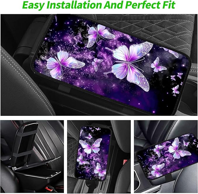 JANENFNA Car Armrest Cover Pads Universal Fashion Cute Auto Center Console Armrest Cover Pad with 2PCS Car Coasters Soft Waterproof Car Armrest Seat Protector for Women,Purple Butterflies