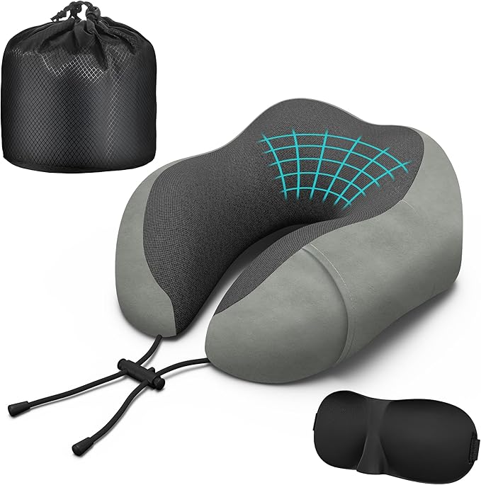Phent zari Neck Travel Pillow, Upgraded Memory Foam Pillow for Airplane, Machine Washable, Adjustable Flight Pillow, Suitable for Sleeping Airplane, Car, Office and Home (Grey)