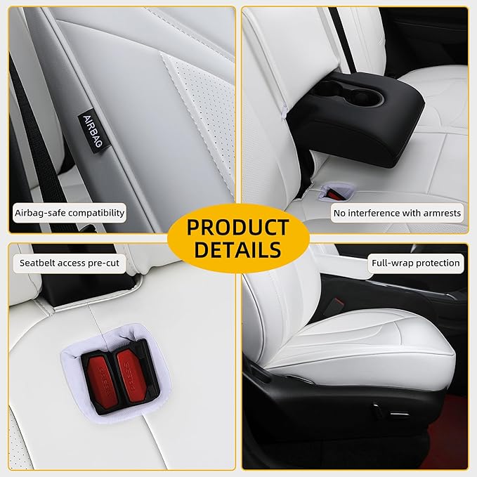 OURPLOT Custom Fit Seat Covers for 2020-2024 Tesla Model Y (5-Seater), Waterproof Nappa Leather, OEM Factory Style Full Set Car Seat Protectors Airbag Compatible - White