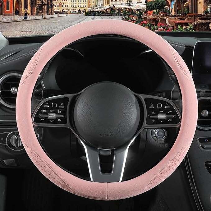Pink Suede Steering Wheel Cover, Breathable Non-Slip Sweat-Proof Wear-Resistant No Pilling, Warm in Winter and Cool in Summer, Universal 15 inch