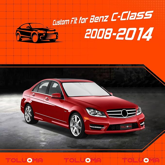 Toluoma Custom Fit Windshield Sun Shade for Benz C-Class 2008-2014 - Full Coverage, 210T Reflective Fabric, Double-Layer Design - Blocks 99% UV Rays, Keeps Car Cool, Easy to Install and Store