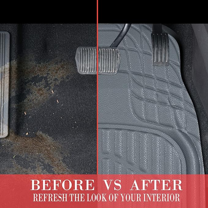 CASS Pass 4 Piece Leather Car Floor Mats -3D Waterproof All Weather, Universal Trim to Fit & Anti-Slip Burr Bottom Safety & Light Easy Clean Install for SUV Truck Auto Sedan Van (Gray)
