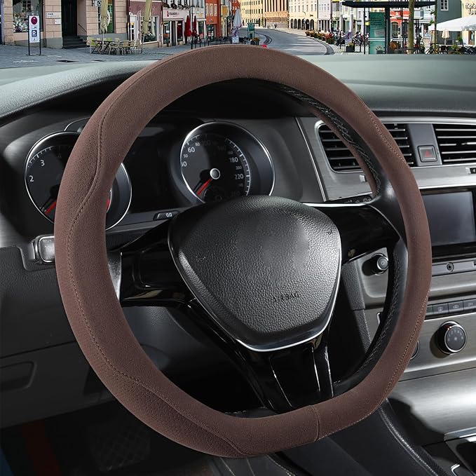 14 inch Brown Suede D Shaped Steering Wheel Cover, Breathable Non-Slip Sweat-Proof Wear-Resistant No Pilling, Warm in Winter and Cool in Summer