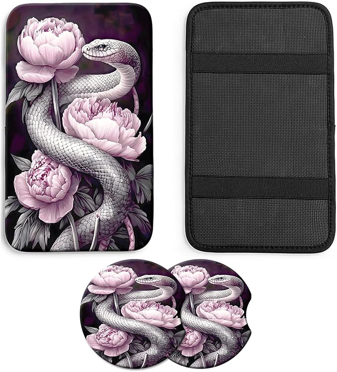 JANENFNA Car Armrest Cover Pads Universal Fashion Cute Auto Center Console Armrest Cover Pad with 2PCS Car Coasters Soft Waterproof Car Armrest Seat Protector for Women,Snake Pink Peonies
