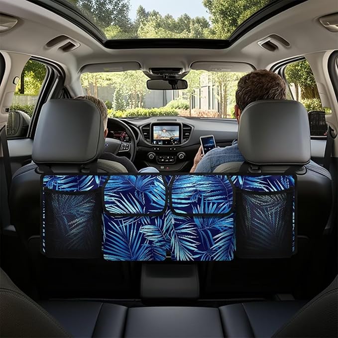 Car Trunk Organizer & Backseat Hanging Organizer with 2 Large Storage Bag & 2 Mesh Pockets,Trunk and Backseat Storage Bag for SUVs & RVs,37.01x11.81 inch,Navy Blue Palm Leaf
