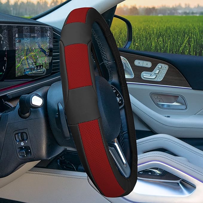 FH Group Universal Fit Deluxe Full Grain Authentic Leather Red Steering Wheel Cover Fits Most Cars, SUVs