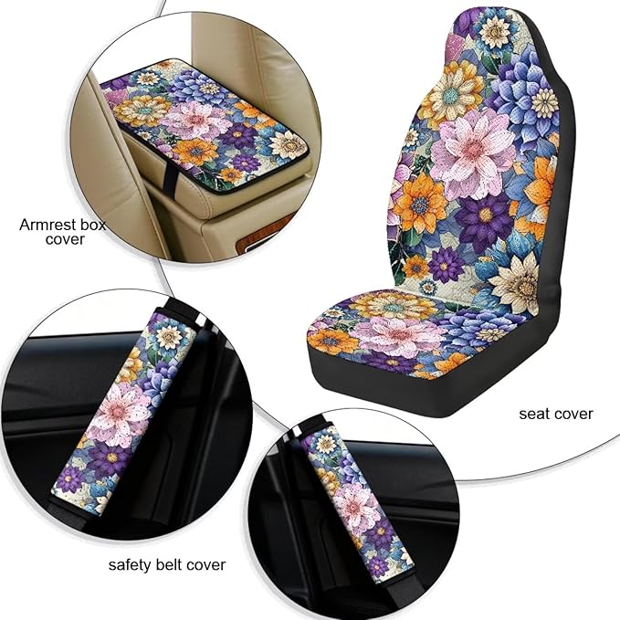 Qeluxign Automotive Seat Covers Colorful Hippie Flower 5 Piece Universal Fit Car Accessories with Soft 2 Pack Seat Belt Cover Pads and Center Console Armrest Covers for SUV Truck Interior Set